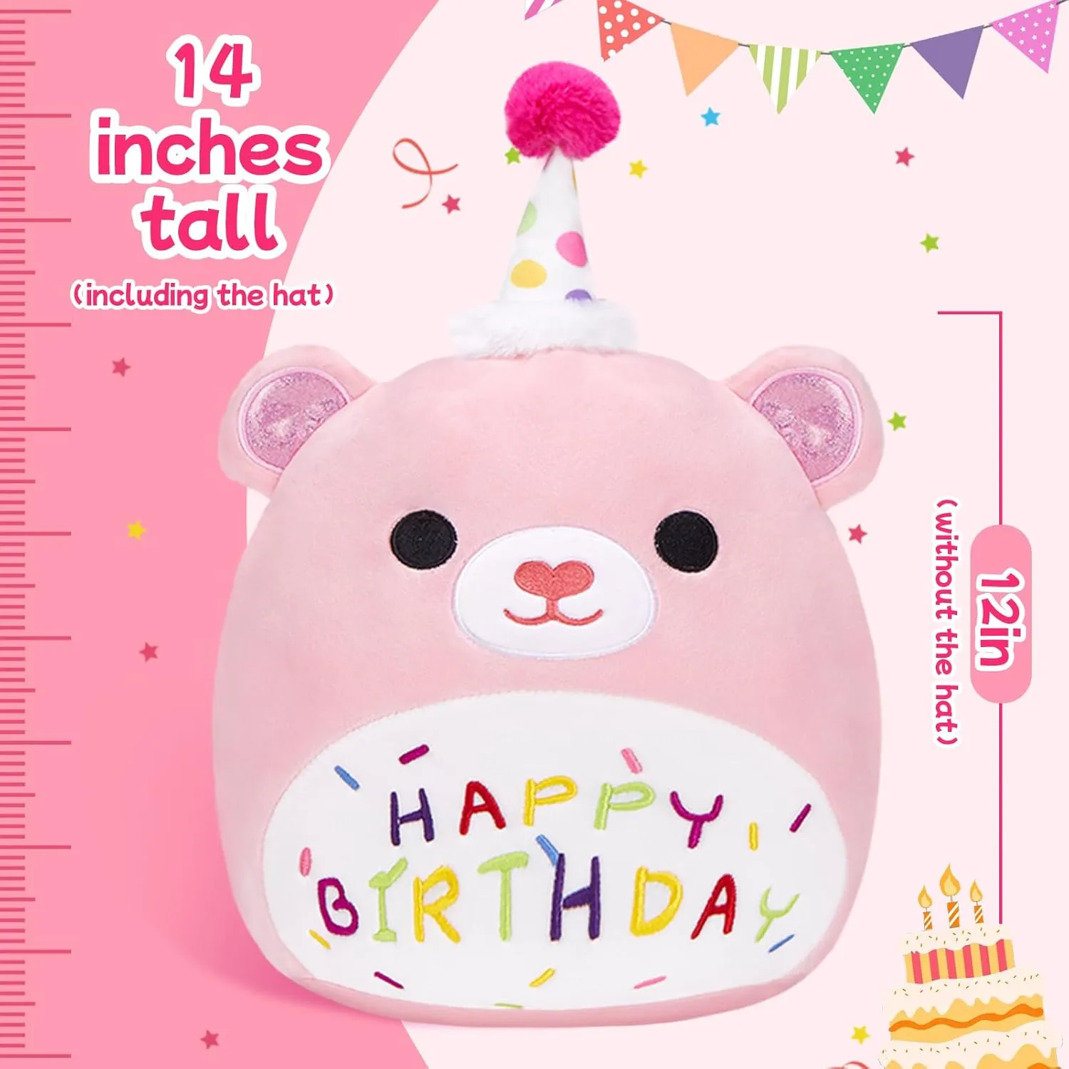 BSTAOFY 14'' Pink Happy Birthday Teddy Bear Soft Plush Pillow Cute Birthday Bear Stuffed Animal for Toddler Girls, Birthday Party Decorations