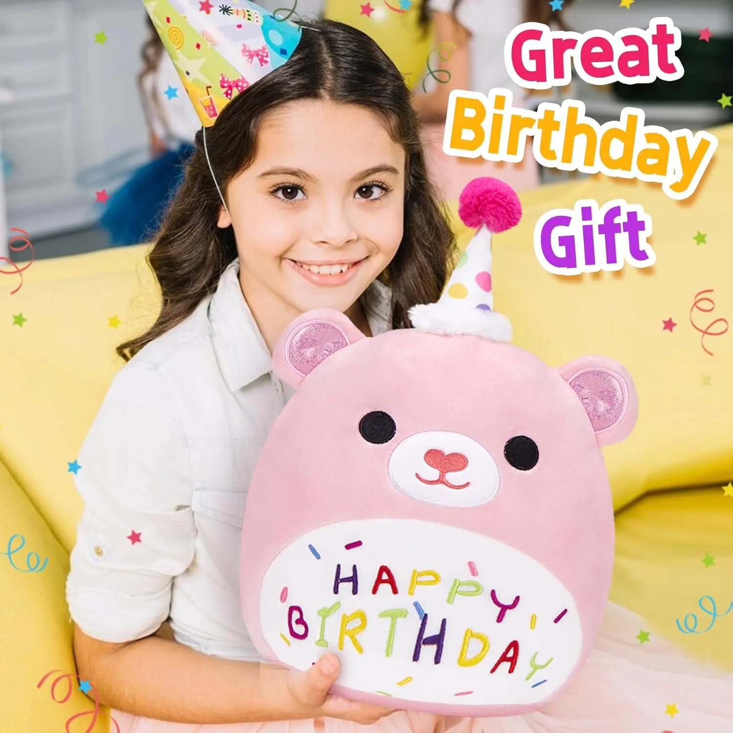 BSTAOFY 14'' Pink Happy Birthday Teddy Bear Soft Plush Pillow Cute Birthday Bear Stuffed Animal for Toddler Girls, Birthday Party Decorations