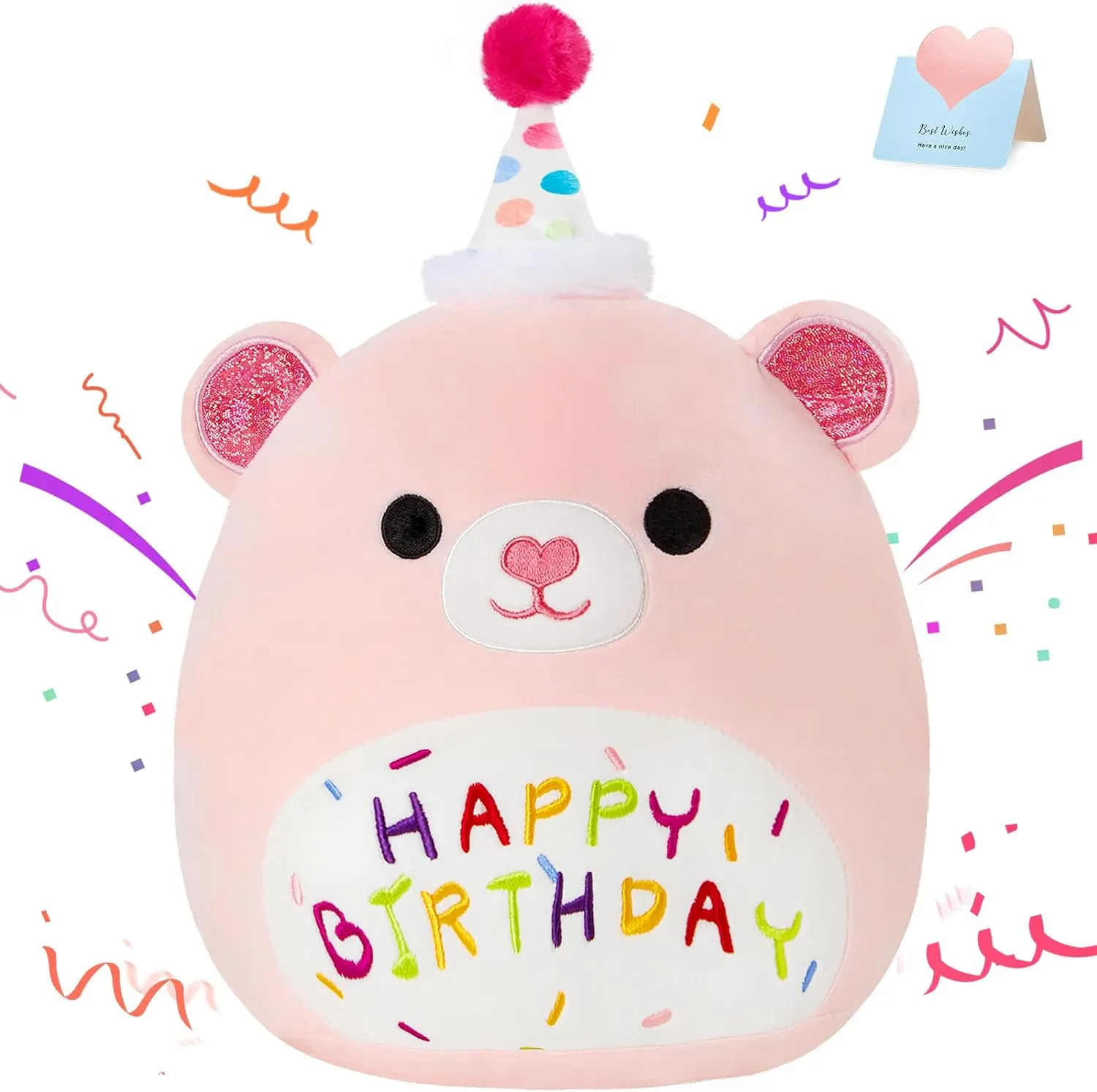 BSTAOFY 14'' Pink Happy Birthday Teddy Bear Soft Plush Pillow Cute Birthday Bear Stuffed Animal for Toddler Girls, Birthday Party Decorations