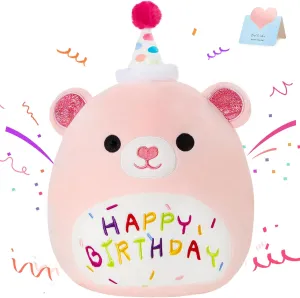 BSTAOFY 14'' Pink Happy Birthday Teddy Bear Soft Plush Pillow Cute Birthday Bear Stuffed Animal for Toddler Girls, Birthday Party Decorations