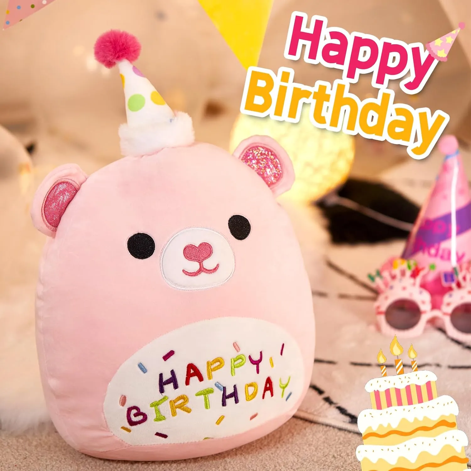 BSTAOFY 14'' Pink Happy Birthday Teddy Bear Soft Plush Pillow Cute Birthday Bear Stuffed Animal for Toddler Girls, Birthday Party Decorations