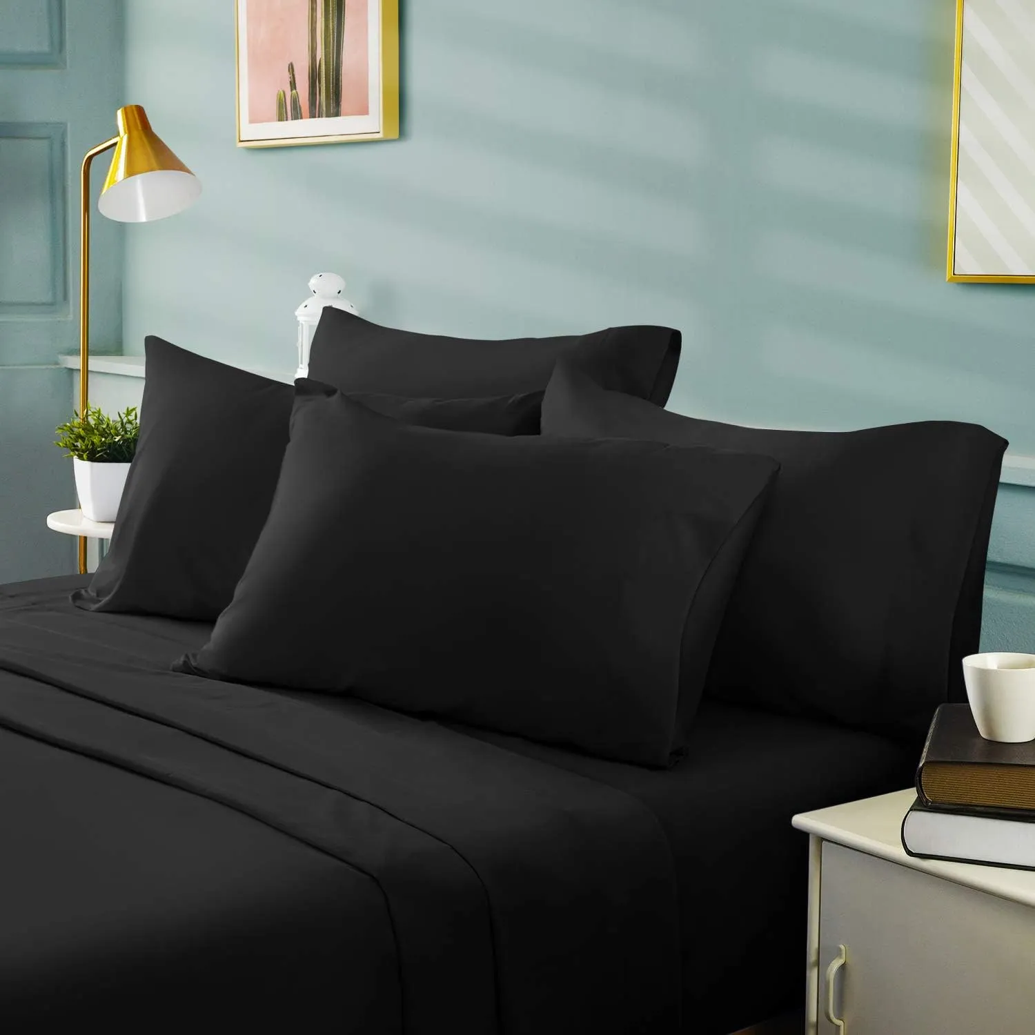 BYSURE 6 Pieces Bed Sheets Set(King, Black) - 1800 Thread Count Super Soft 100% Microfiber Sheets with Deep Pockets, Wrinkle & Fade Resistant Bedding