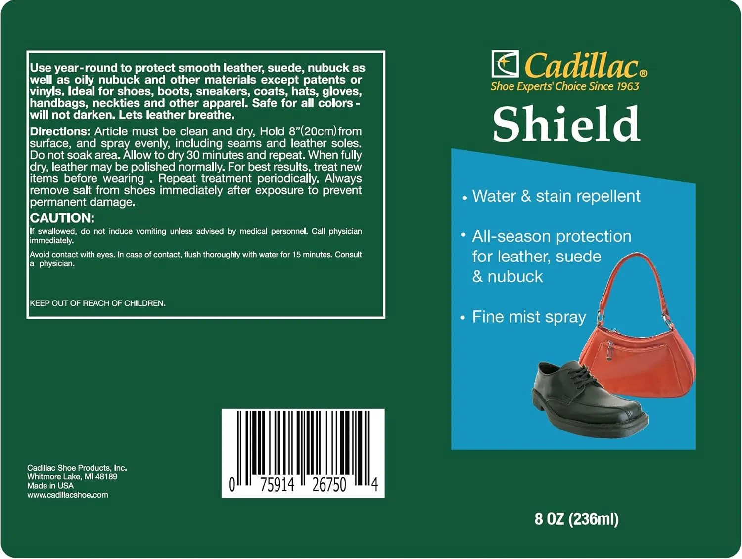Cadillac Shield Water and Stain - Leather and Fabric Protector Spray - Great for Shoes - 5.5 oz - Waterproof and Protect Suede, Leather, Nubuck, Fabric, Nylon, Polyester & More