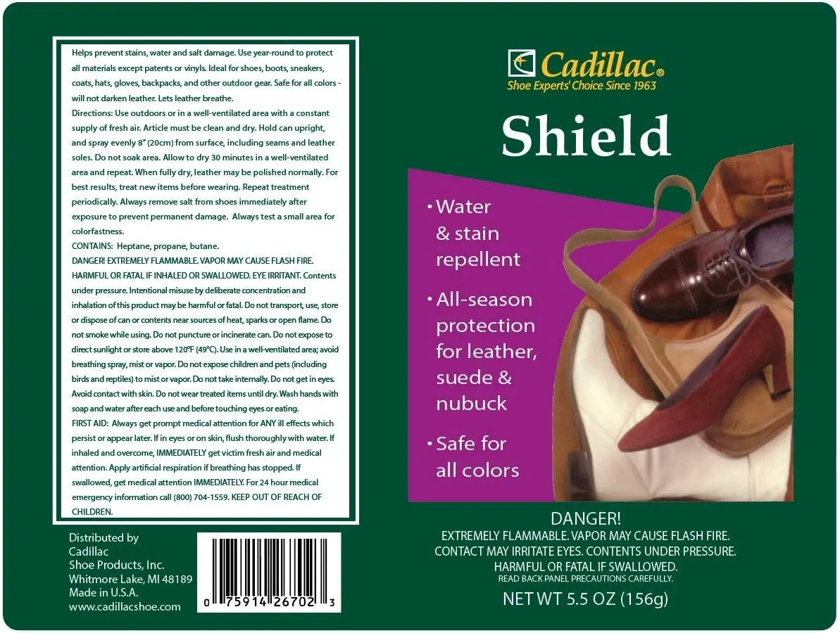 Cadillac Shield Water and Stain - Leather and Fabric Protector Spray - Great for Shoes - 5.5 oz - Waterproof and Protect Suede, Leather, Nubuck, Fabric, Nylon, Polyester & More