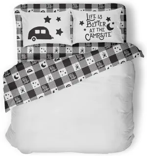 Camco Life is Better at The Campsite Camper/RV King Sized Bed Sheet Set | Features Camping Theme Design on Buffalo Plaid Pattern | Crafted of Soft Machine Washable Polyester | 4-Piece Set (53474)