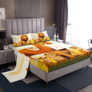 Cartoon Lion Kids Top Flat Sheet Twin Size,Cute Animal Bedding Set Girls Boys Room Decor,Prairie Scenery African Wildlife Nature Bed Sheet Set 3Pcs,Lions Microfiber Deep Pocket Sheet,1 Pillowcase