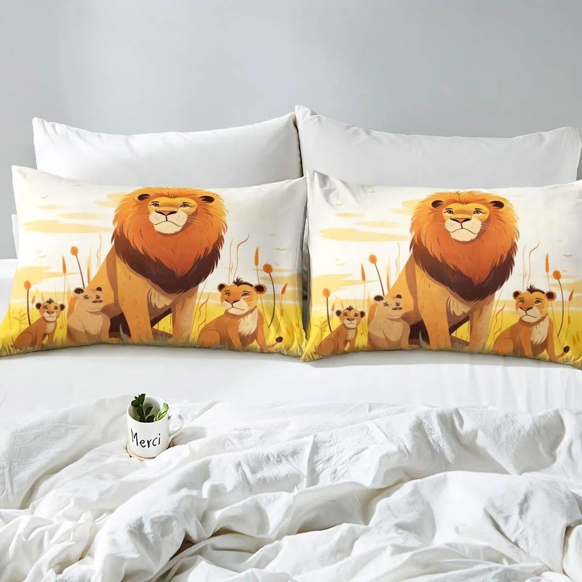 Cartoon Lion Kids Top Flat Sheet Twin Size,Cute Animal Bedding Set Girls Boys Room Decor,Prairie Scenery African Wildlife Nature Bed Sheet Set 3Pcs,Lions Microfiber Deep Pocket Sheet,1 Pillowcase
