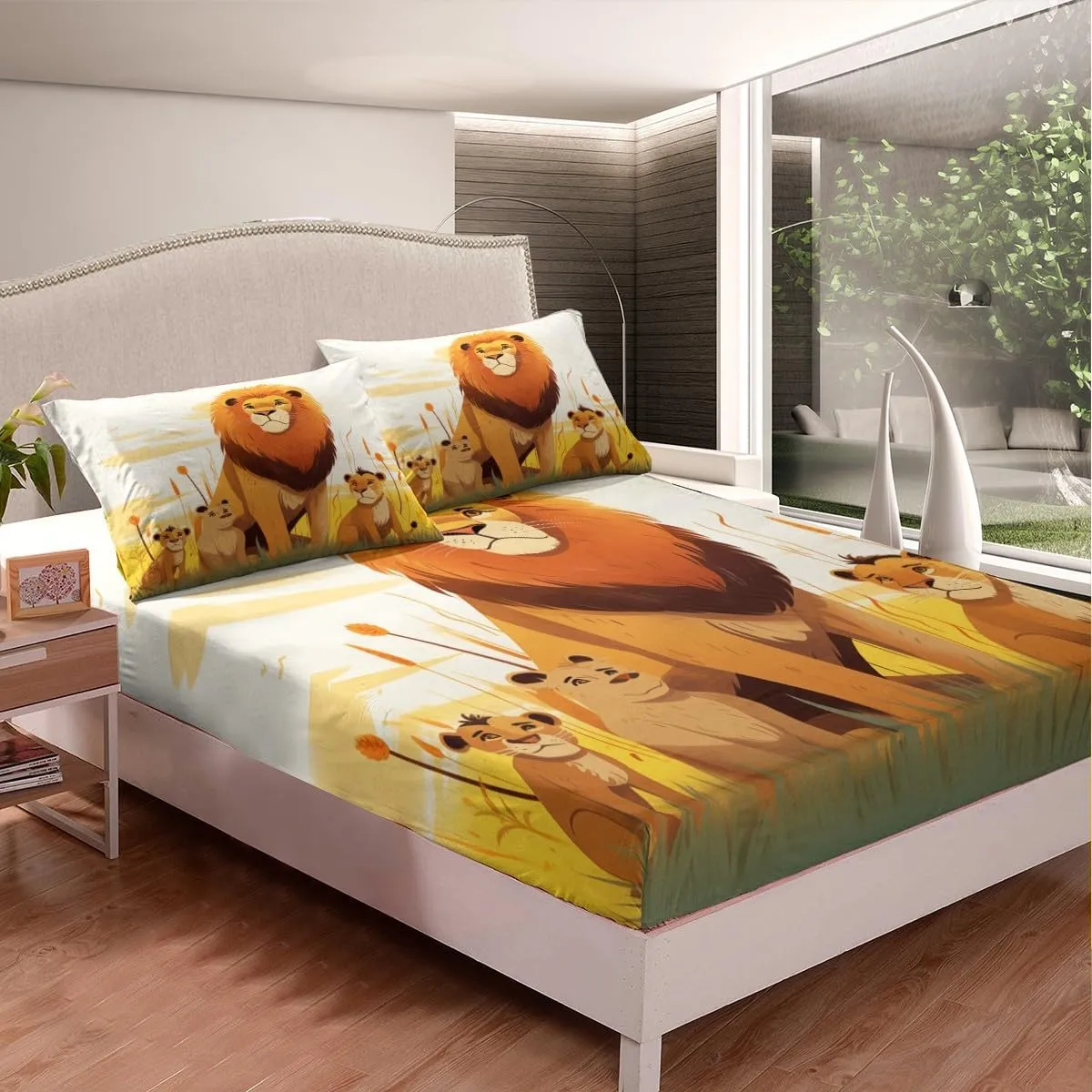 Cartoon Lion Kids Top Flat Sheet Twin Size,Cute Animal Bedding Set Girls Boys Room Decor,Prairie Scenery African Wildlife Nature Bed Sheet Set 3Pcs,Lions Microfiber Deep Pocket Sheet,1 Pillowcase