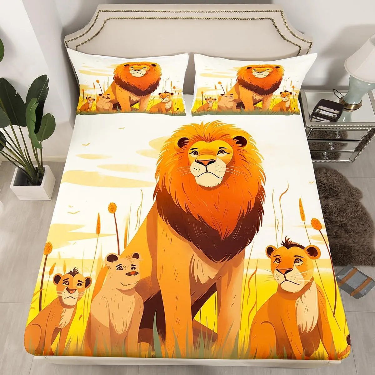 Cartoon Lion Kids Top Flat Sheet Twin Size,Cute Animal Bedding Set Girls Boys Room Decor,Prairie Scenery African Wildlife Nature Bed Sheet Set 3Pcs,Lions Microfiber Deep Pocket Sheet,1 Pillowcase