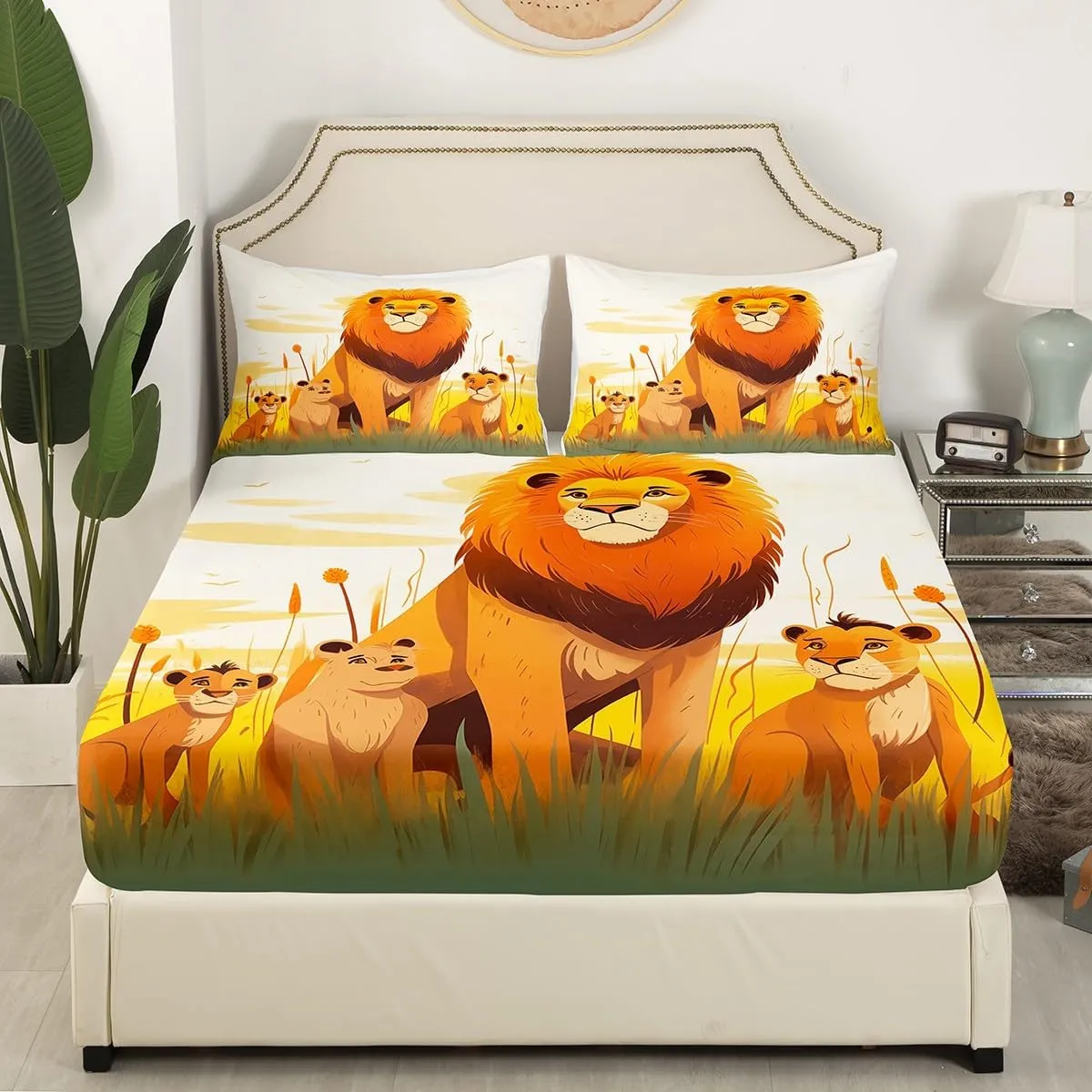Cartoon Lion Kids Top Flat Sheet Twin Size,Cute Animal Bedding Set Girls Boys Room Decor,Prairie Scenery African Wildlife Nature Bed Sheet Set 3Pcs,Lions Microfiber Deep Pocket Sheet,1 Pillowcase