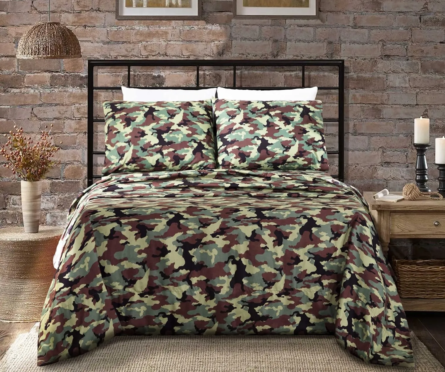 Chezmoi Collection Military Camo 4-Piece Sheet Set - Camouflage Army Green Printed Microfiber Soft Breathable Deep Pocket Sheets and Pillowcases Set, Queen Size