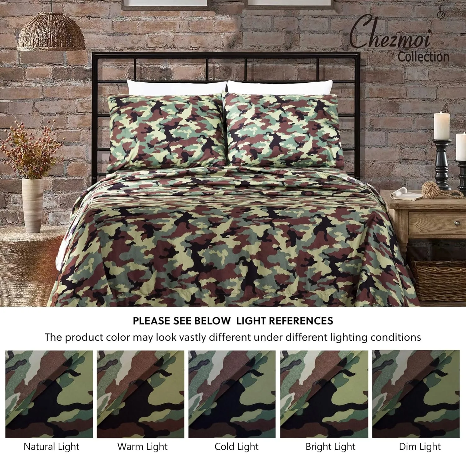 Chezmoi Collection Military Camo 4-Piece Sheet Set - Camouflage Army Green Printed Microfiber Soft Breathable Deep Pocket Sheets and Pillowcases Set, Queen Size