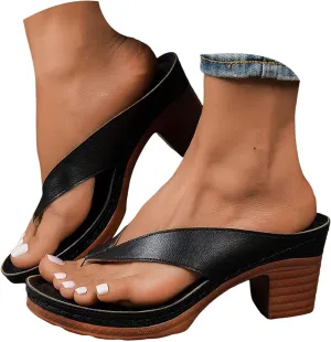 Chunky Sandals for Women 2025 Women's Solid Color Summer Heel Slippers Slip on Open Toe Square Toe Comfortable Heeled Sandal Mules Heels Wedges for Long Walk Casual Shoes Dressy