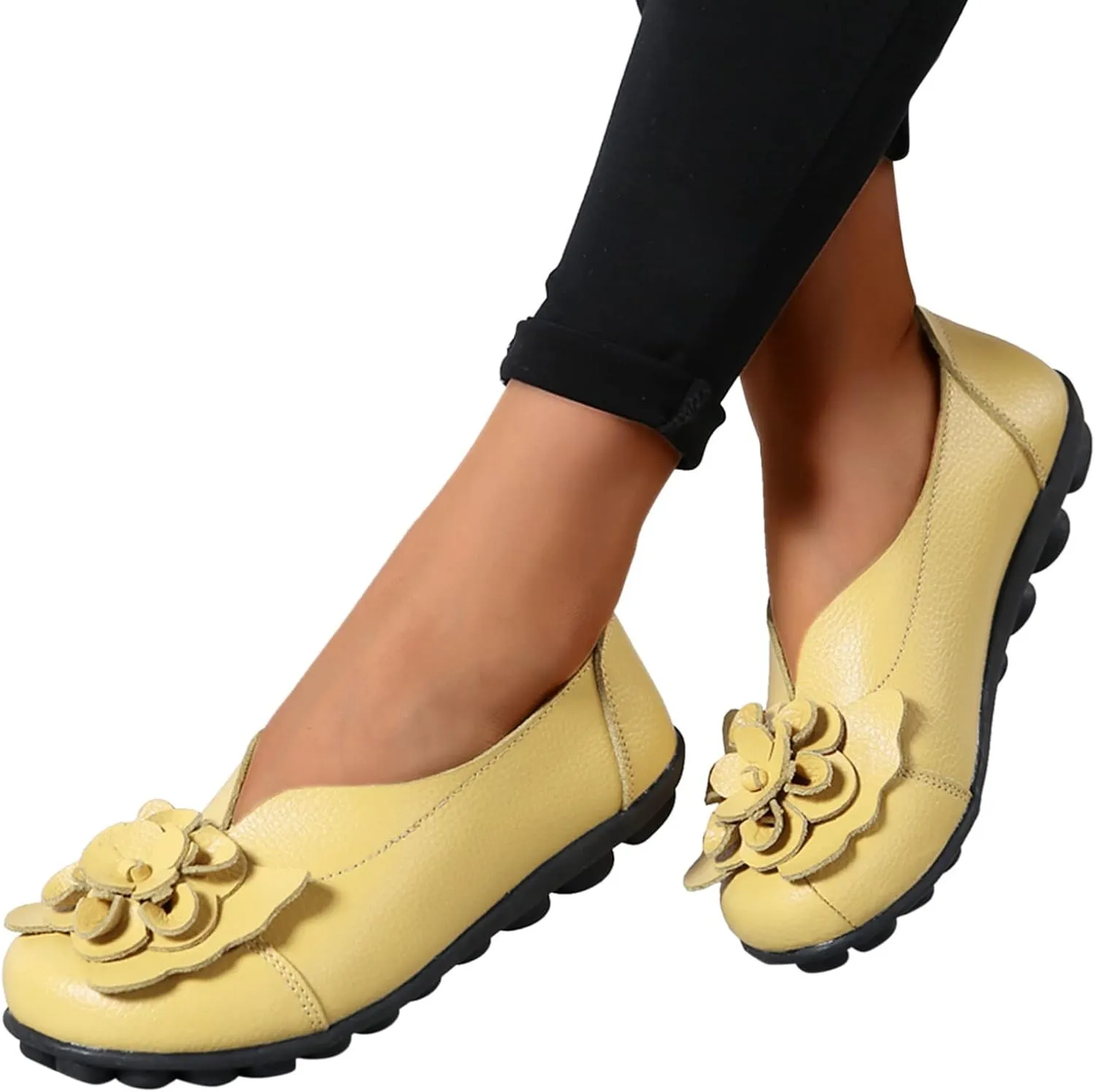 Comfortable Walking Slip on Flat Shoes Ladies Dressy Loafers Breathable Leather Wide Width Loafer Round Toe Wild Fashion Soft Casual Outdoor Sandals for Women