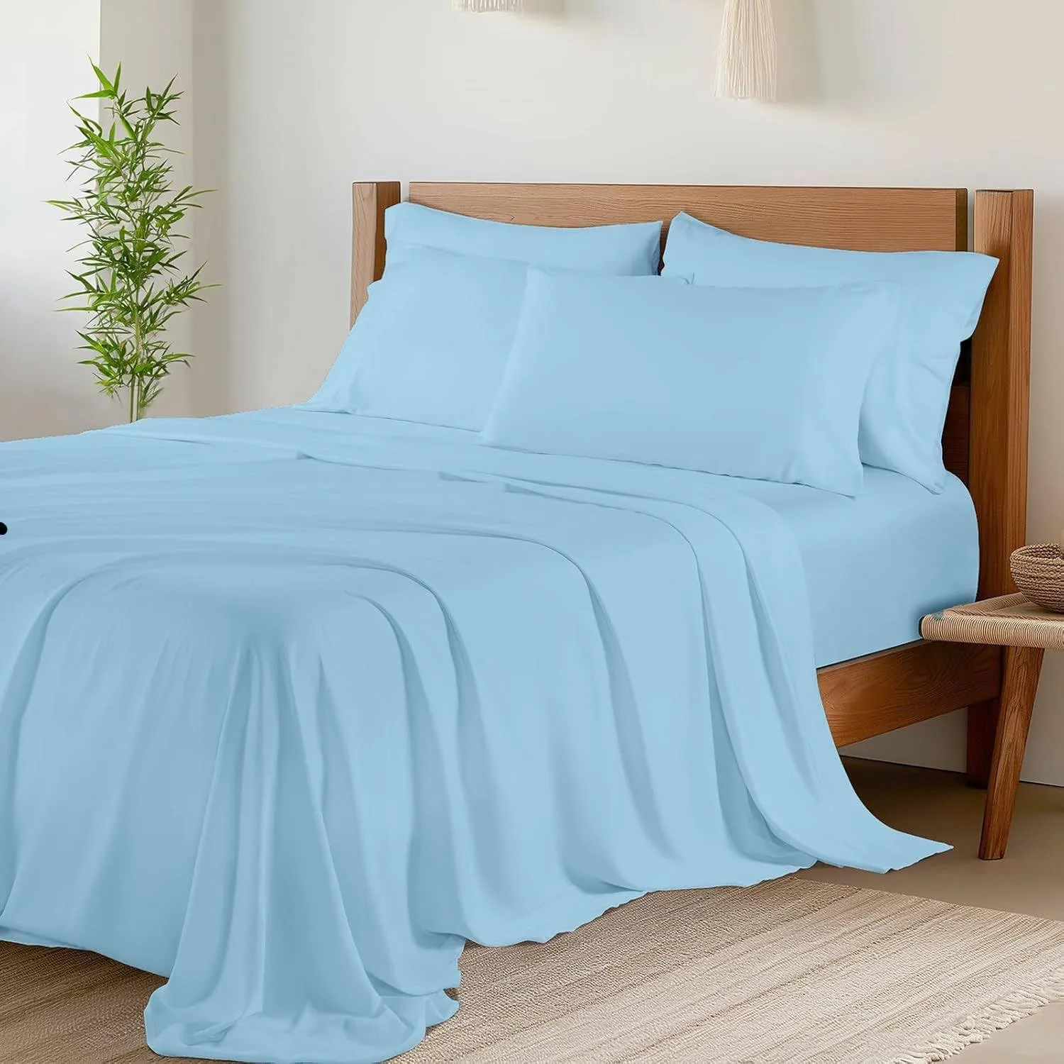 Cotton Blend 4-Piece Bed Sheets Set Queen Size, Light Blue Queen Sheets, Long-Staple Cotton Bed Sheets for Bed, Soft & Silky Sateen Weave 15-Inch Elasticized Deep Pocket (Queen,Light Blue)