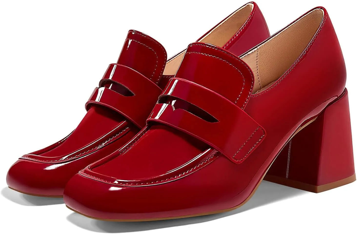 Coutgo Womens Loafer Heels Block Chunky Heeled Penny Loafers Slip On Square Toe Business Work Dress Shoes