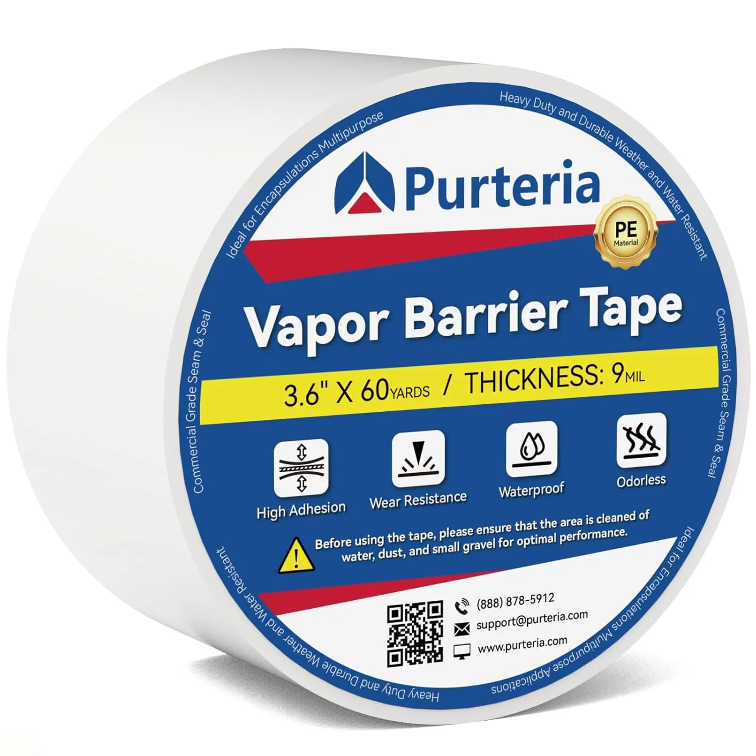 Crawl Space Vapor Barrier Tape with Release Liner, 9 Mil Easy-to-Use Vapor Barrier Seam Tape for Crawlspace, Repair, Underlayment, Waterproof, 3.6" x 180' 1 Roll