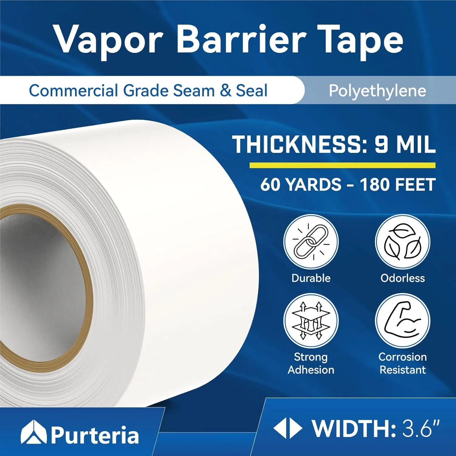 Crawl Space Vapor Barrier Tape with Release Liner, 9 Mil Easy-to-Use Vapor Barrier Seam Tape for Crawlspace, Repair, Underlayment, Waterproof, 3.6" x 180' 1 Roll