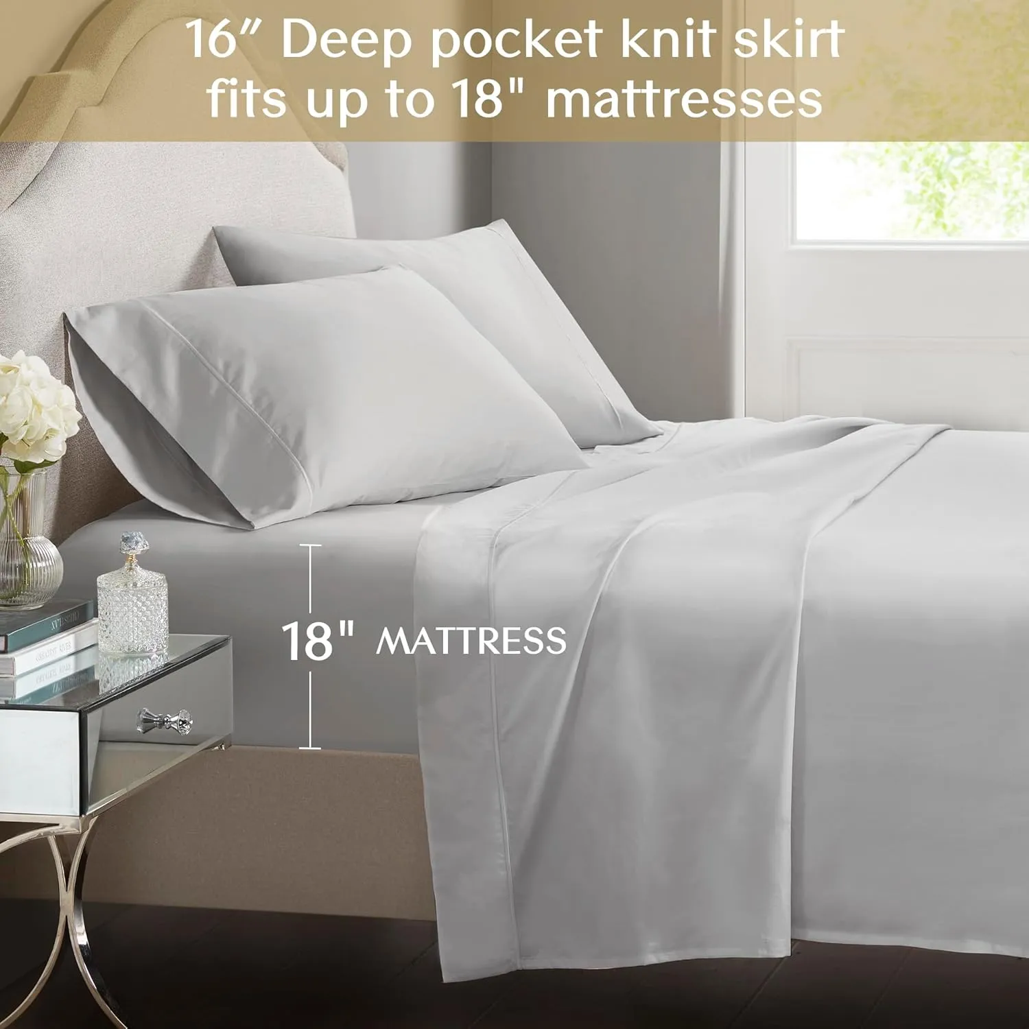 CROSCILL Egyptian Cotton Sheet Luxuriously Soft 500TC Cotton Sheets, Fitted Deep Pocket Sheet Set Fits Up to 18" Mattress, All Seasons 100% Certified Egyptian Cotton Bed Sheets, Queen Grey 4 Piece