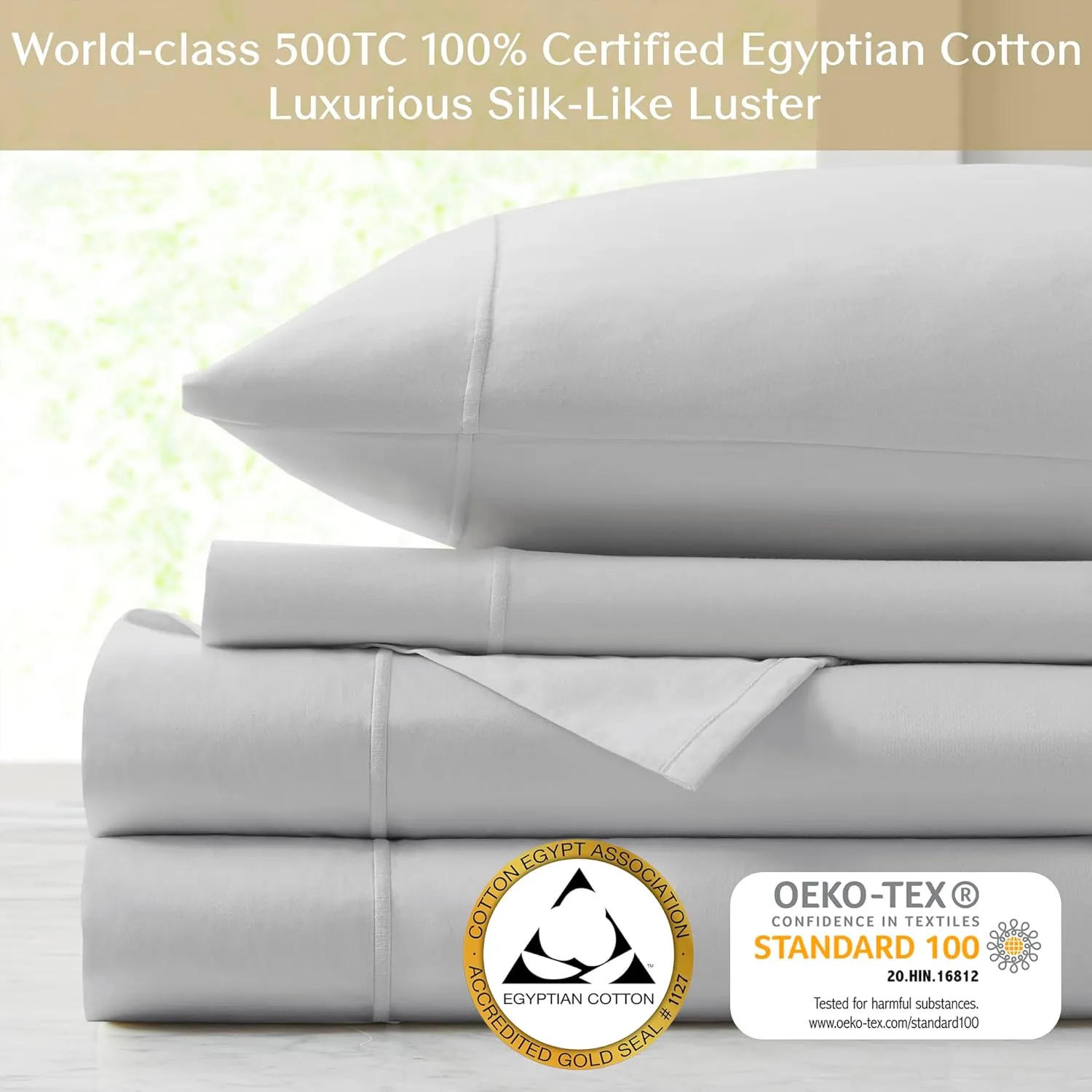 CROSCILL Egyptian Cotton Sheet Luxuriously Soft 500TC Cotton Sheets, Fitted Deep Pocket Sheet Set Fits Up to 18" Mattress, All Seasons 100% Certified Egyptian Cotton Bed Sheets, Queen Grey 4 Piece
