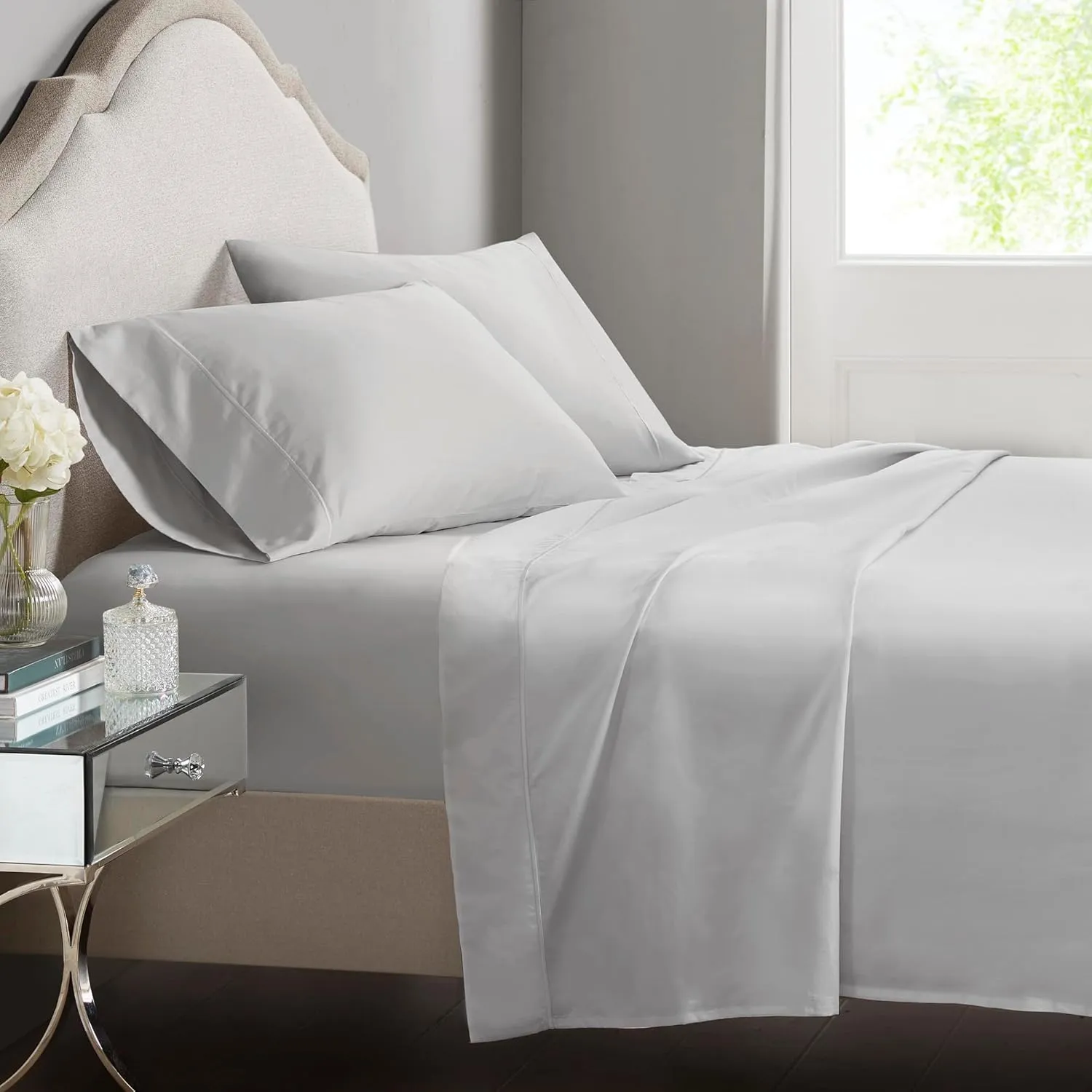 CROSCILL Egyptian Cotton Sheet Luxuriously Soft 500TC Cotton Sheets, Fitted Deep Pocket Sheet Set Fits Up to 18" Mattress, All Seasons 100% Certified Egyptian Cotton Bed Sheets, Queen Grey 4 Piece