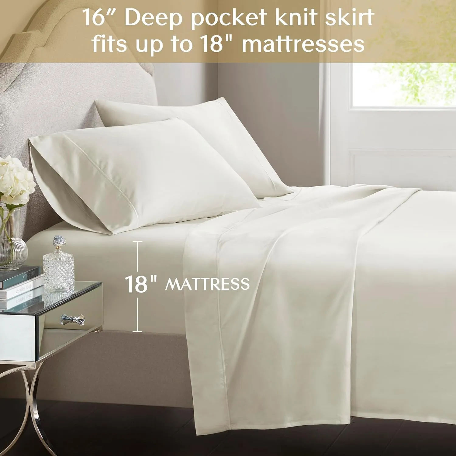 CROSCILL Egyptian Cotton Sheet Luxuriously Soft 500TC Cotton Sheets, Fitted Deep Pocket Sheet Set Fits Up to 18" Mattress, All Seasons 100% Certified Egyptian Cotton Bed Sheets, Queen Ivory 4 Piece