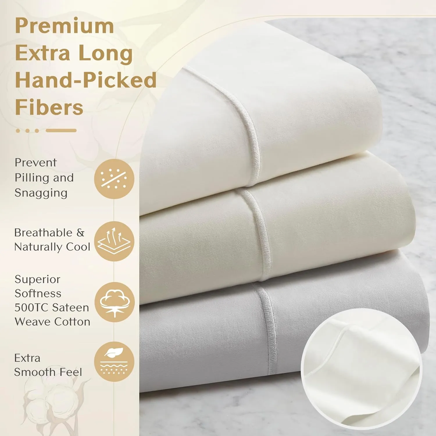 CROSCILL Egyptian Cotton Sheet Luxuriously Soft 500TC Cotton Sheets, Fitted Deep Pocket Sheet Set Fits Up to 18" Mattress, All Seasons 100% Certified Egyptian Cotton Bed Sheets, Queen Ivory 4 Piece