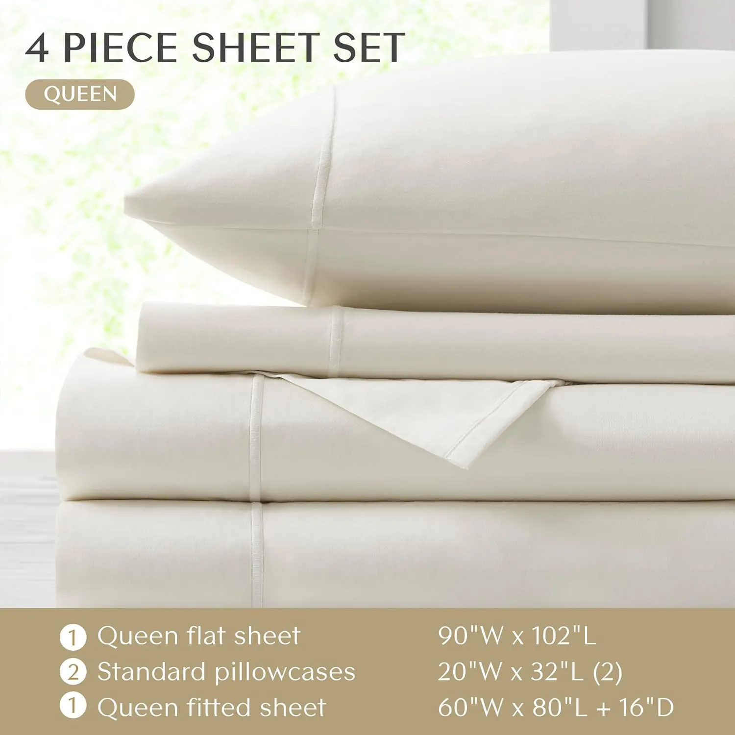 CROSCILL Egyptian Cotton Sheet Luxuriously Soft 500TC Cotton Sheets, Fitted Deep Pocket Sheet Set Fits Up to 18" Mattress, All Seasons 100% Certified Egyptian Cotton Bed Sheets, Queen Ivory 4 Piece