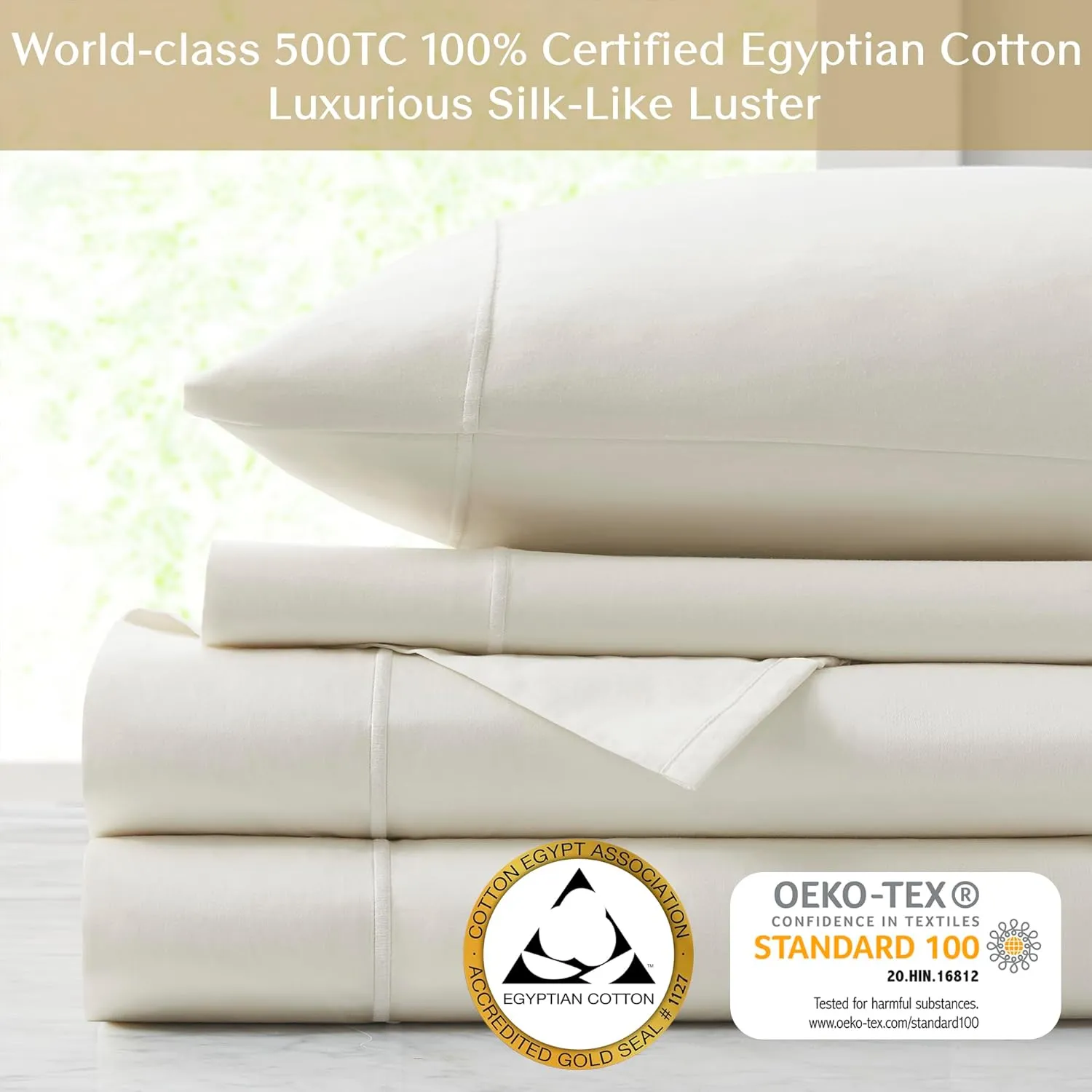 CROSCILL Egyptian Cotton Sheet Luxuriously Soft 500TC Cotton Sheets, Fitted Deep Pocket Sheet Set Fits Up to 18" Mattress, All Seasons 100% Certified Egyptian Cotton Bed Sheets, Queen Ivory 4 Piece