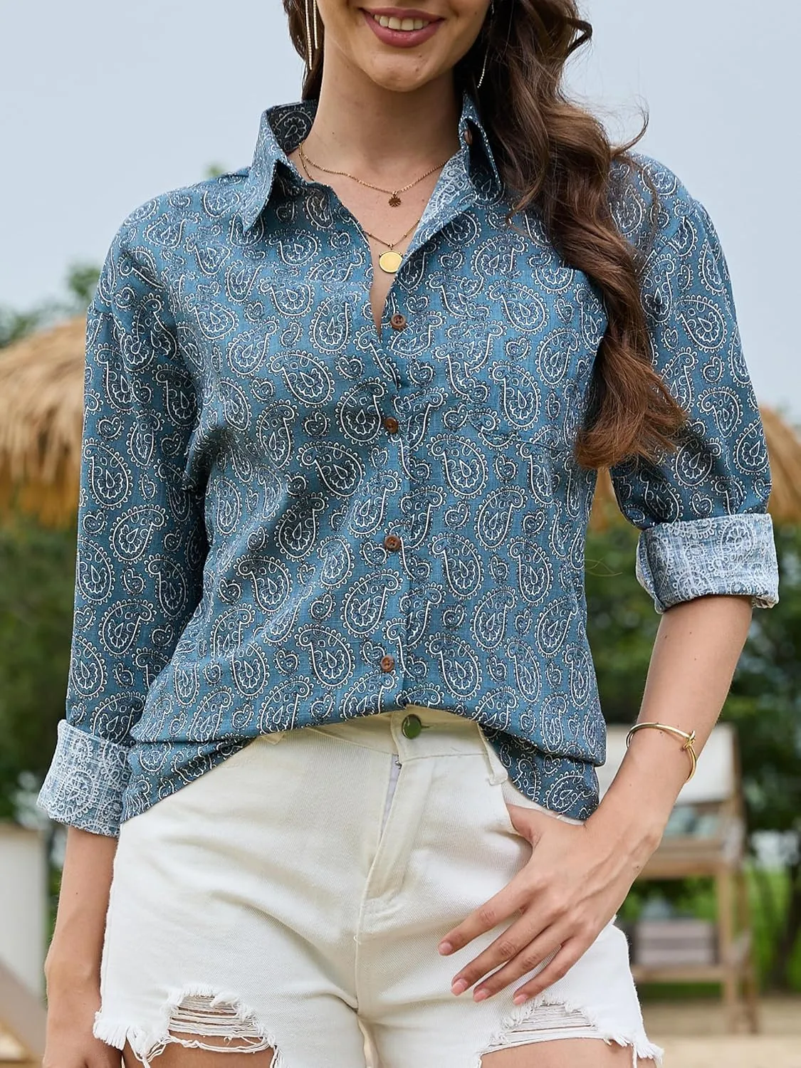CUNLIN Women's Button Down Shirts Long Sleeve Cotton Summer Beach Wear for Women with Pocket