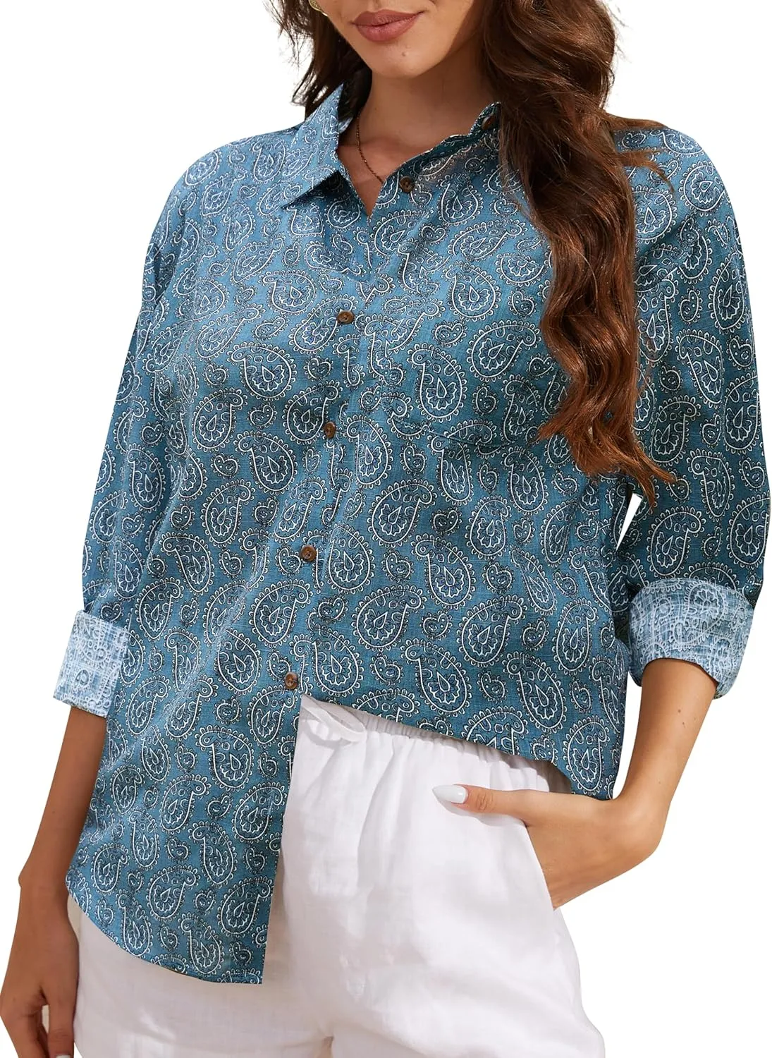 CUNLIN Women's Button Down Shirts Long Sleeve Cotton Summer Beach Wear for Women with Pocket