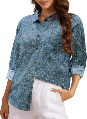 CUNLIN Women's Button Down Shirts Long Sleeve Cotton Summer Beach Wear for Women with Pocket