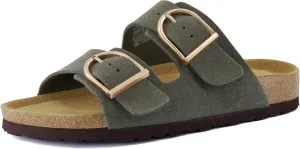 CUSHIONAIRE Legacy Cork Footbed Sandals for Women – Leather Double Strap Slides with Adjustable Buckles   Memory Foam