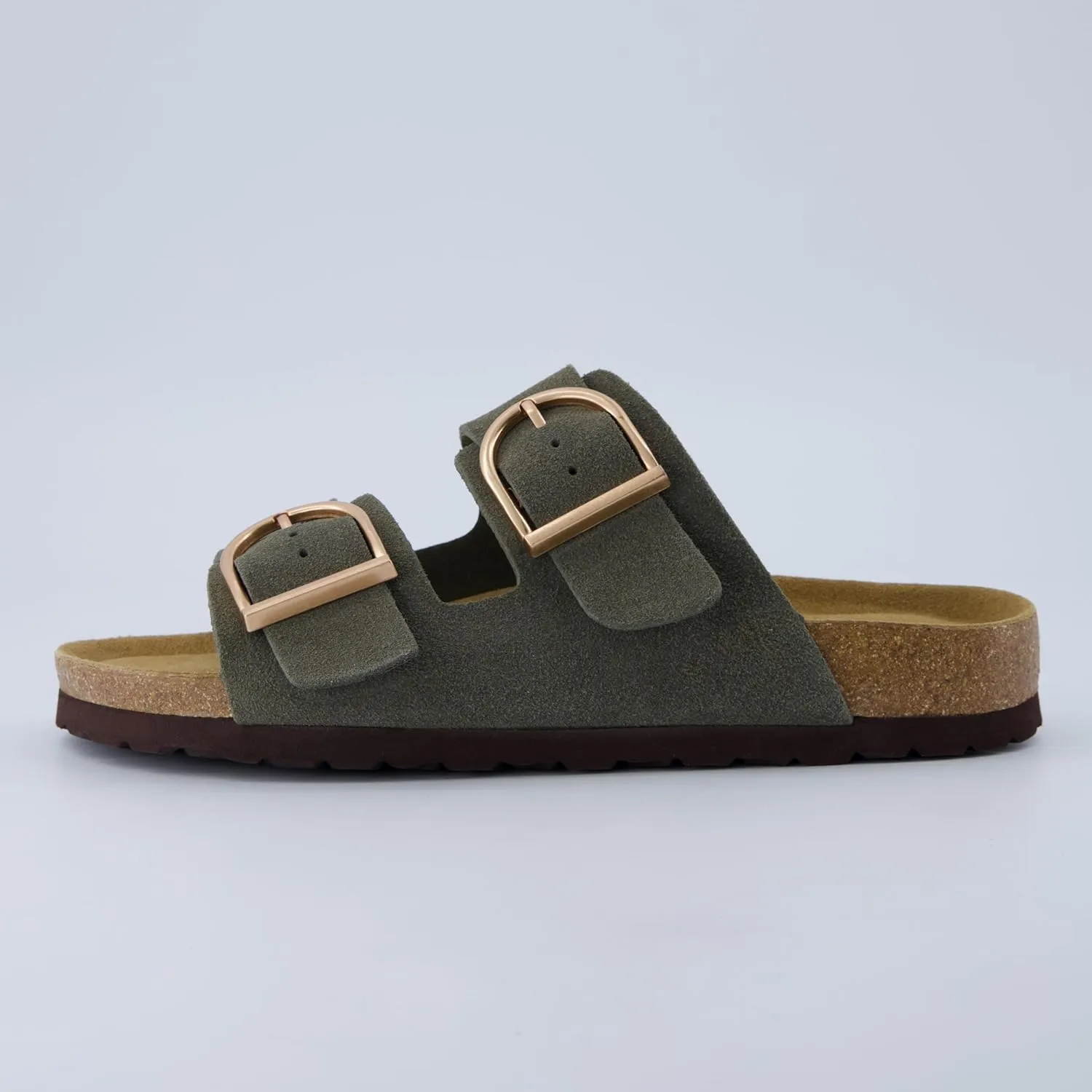 CUSHIONAIRE Legacy Cork Footbed Sandals for Women – Leather Double Strap Slides with Adjustable Buckles   Memory Foam