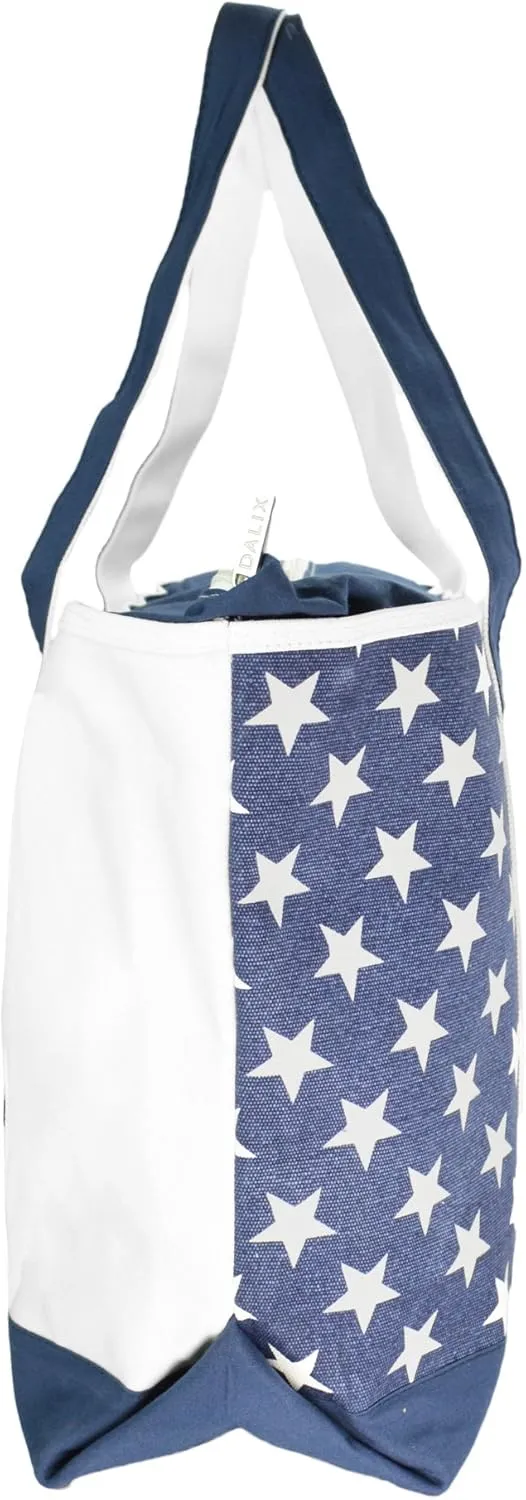 DALIX Striped Boat Bag Premium Cotton Canvas Tote Black, Red, Pink, Navy Blue, Purple (Stars-Stripes)