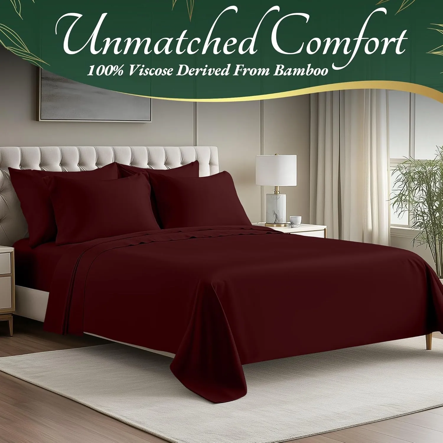 DECOLURE 100% Organic Viscose Derived from Bamboo Sheets King Size 6pcs - Ultra Soft & Luxuriously Cooling, 17" Deep Pocket, Double Stitching, Perfect for Hot Sleepers - King Bed Sheets (Burgundy)