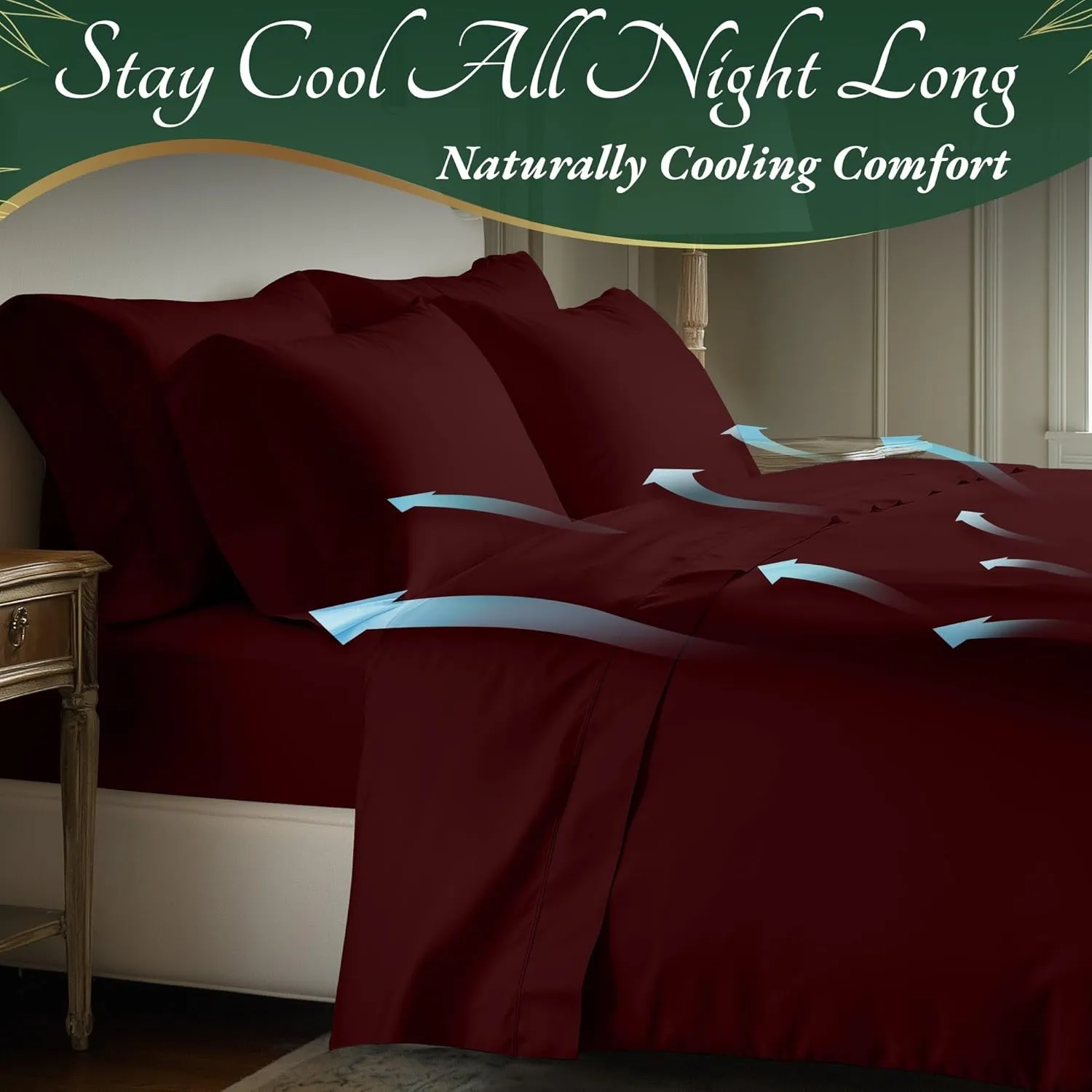 DECOLURE 100% Organic Viscose Derived from Bamboo Sheets King Size 6pcs - Ultra Soft & Luxuriously Cooling, 17" Deep Pocket, Double Stitching, Perfect for Hot Sleepers - King Bed Sheets (Burgundy)