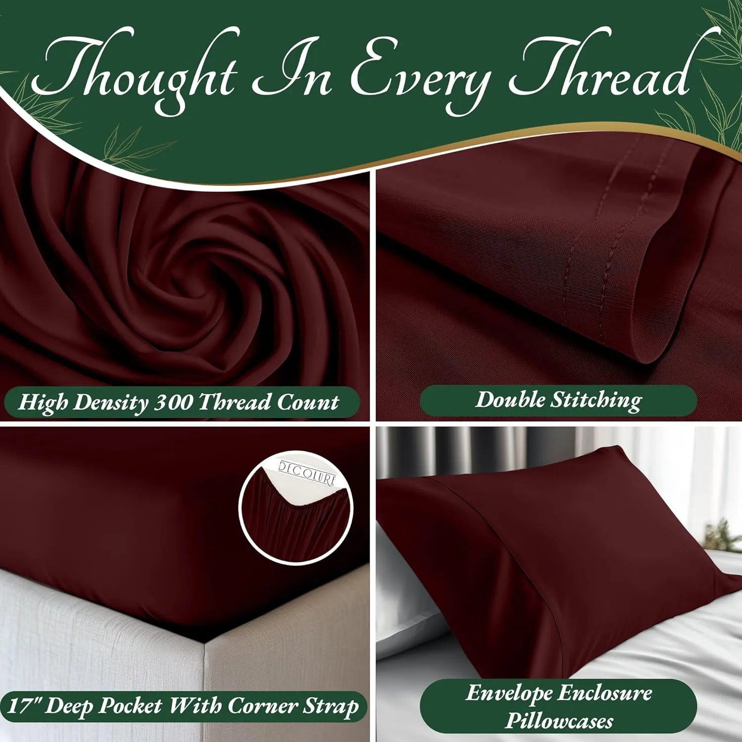 DECOLURE 100% Organic Viscose Derived from Bamboo Sheets King Size 6pcs - Ultra Soft & Luxuriously Cooling, 17" Deep Pocket, Double Stitching, Perfect for Hot Sleepers - King Bed Sheets (Burgundy)