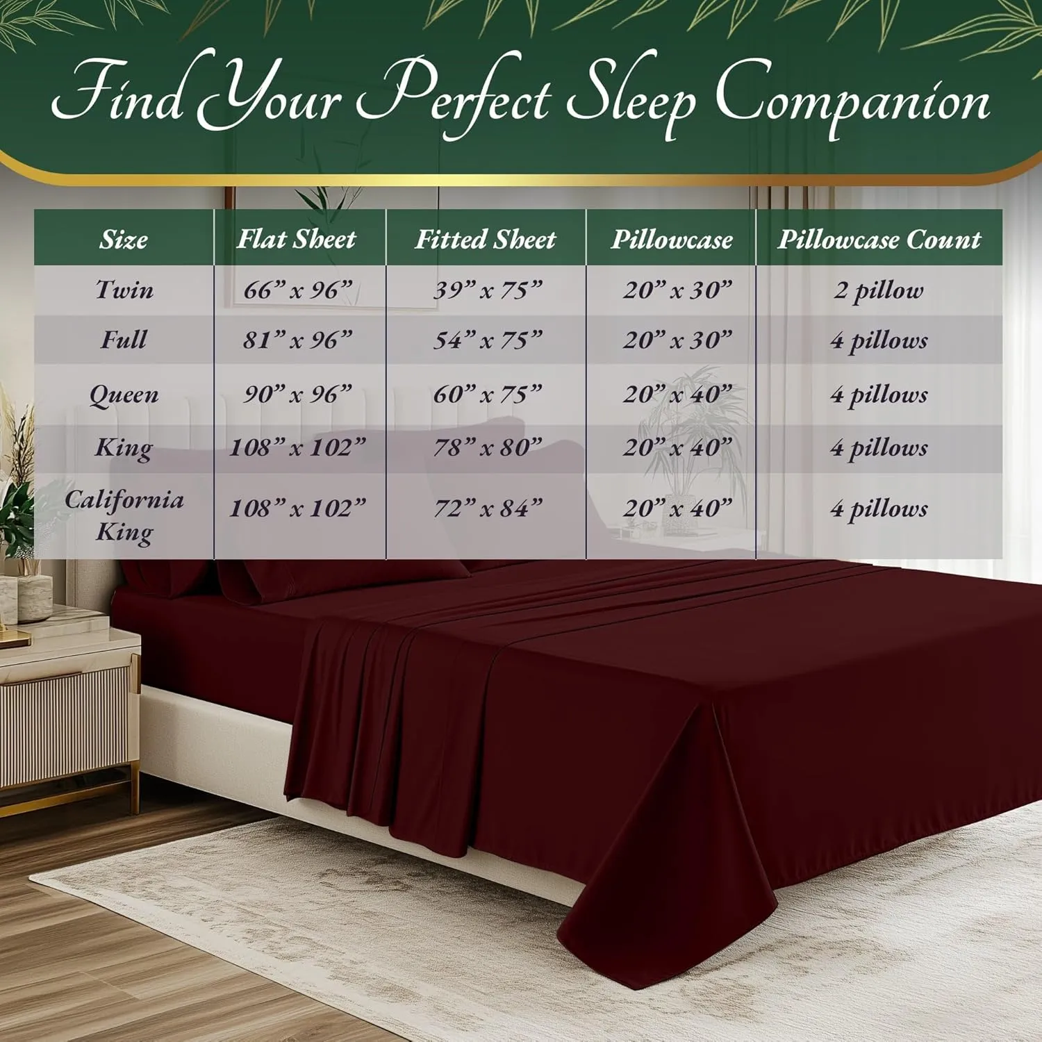DECOLURE 100% Organic Viscose Derived from Bamboo Sheets King Size 6pcs - Ultra Soft & Luxuriously Cooling, 17" Deep Pocket, Double Stitching, Perfect for Hot Sleepers - King Bed Sheets (Burgundy)