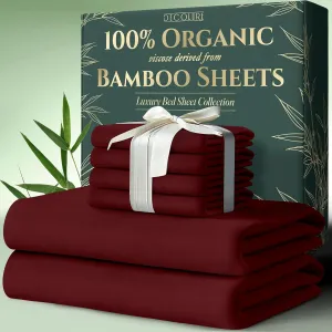DECOLURE 100% Organic Viscose Derived from Bamboo Sheets King Size 6pcs - Ultra Soft & Luxuriously Cooling, 17" Deep Pocket, Double Stitching, Perfect for Hot Sleepers - King Bed Sheets (Burgundy)