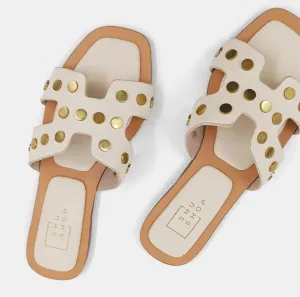 Donatella Sandal with Gold Grommet Detail - Black or Bone