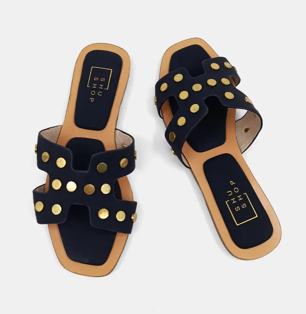 Donatella Sandal with Gold Grommet Detail - Black or Bone