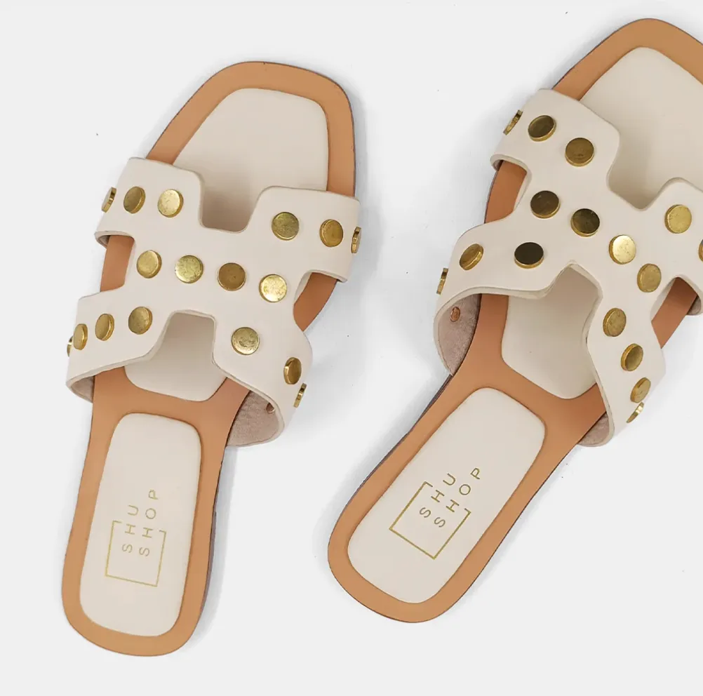 Donatella Sandal with Gold Grommet Detail - Black or Bone