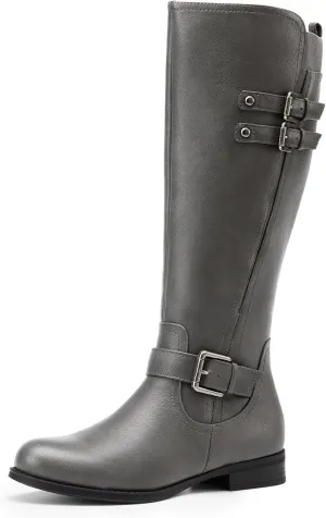 DREAM PAIRS Women's Knee High Riding Pirate Boots, Comfortable Low Chunky Heel Flat Motorcycle Buckle Boots for Women
