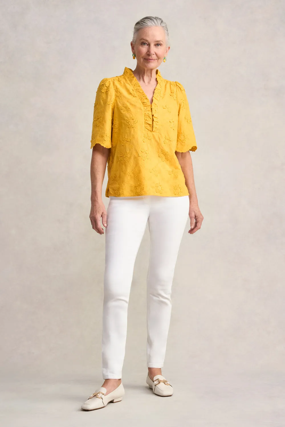 Embroidered Frill Detail Top - Mustard