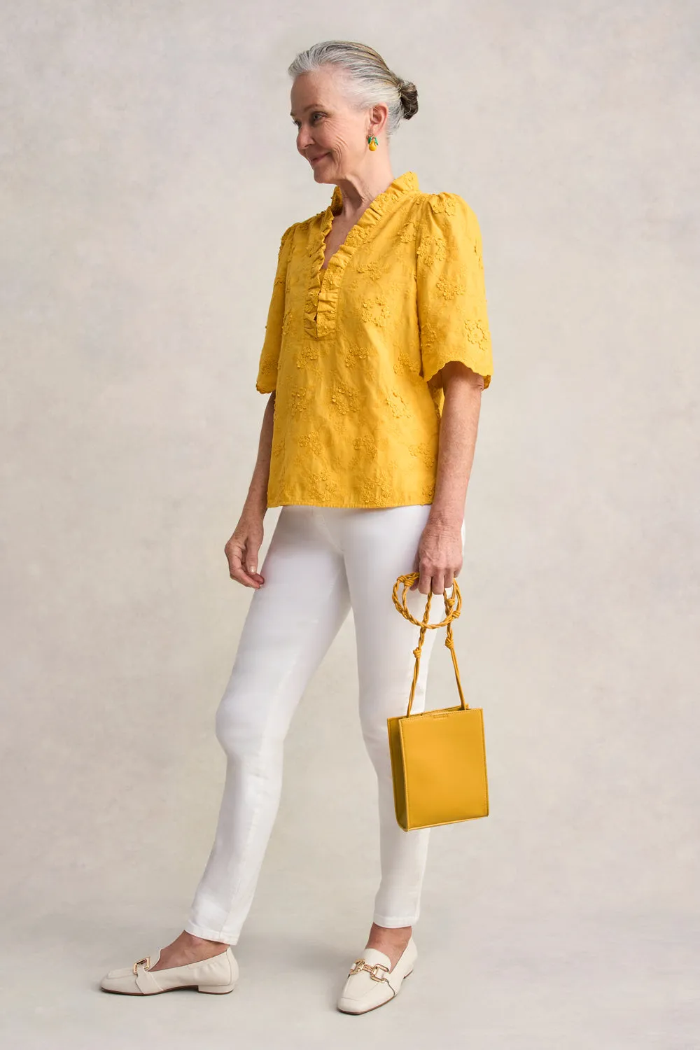 Embroidered Frill Detail Top - Mustard