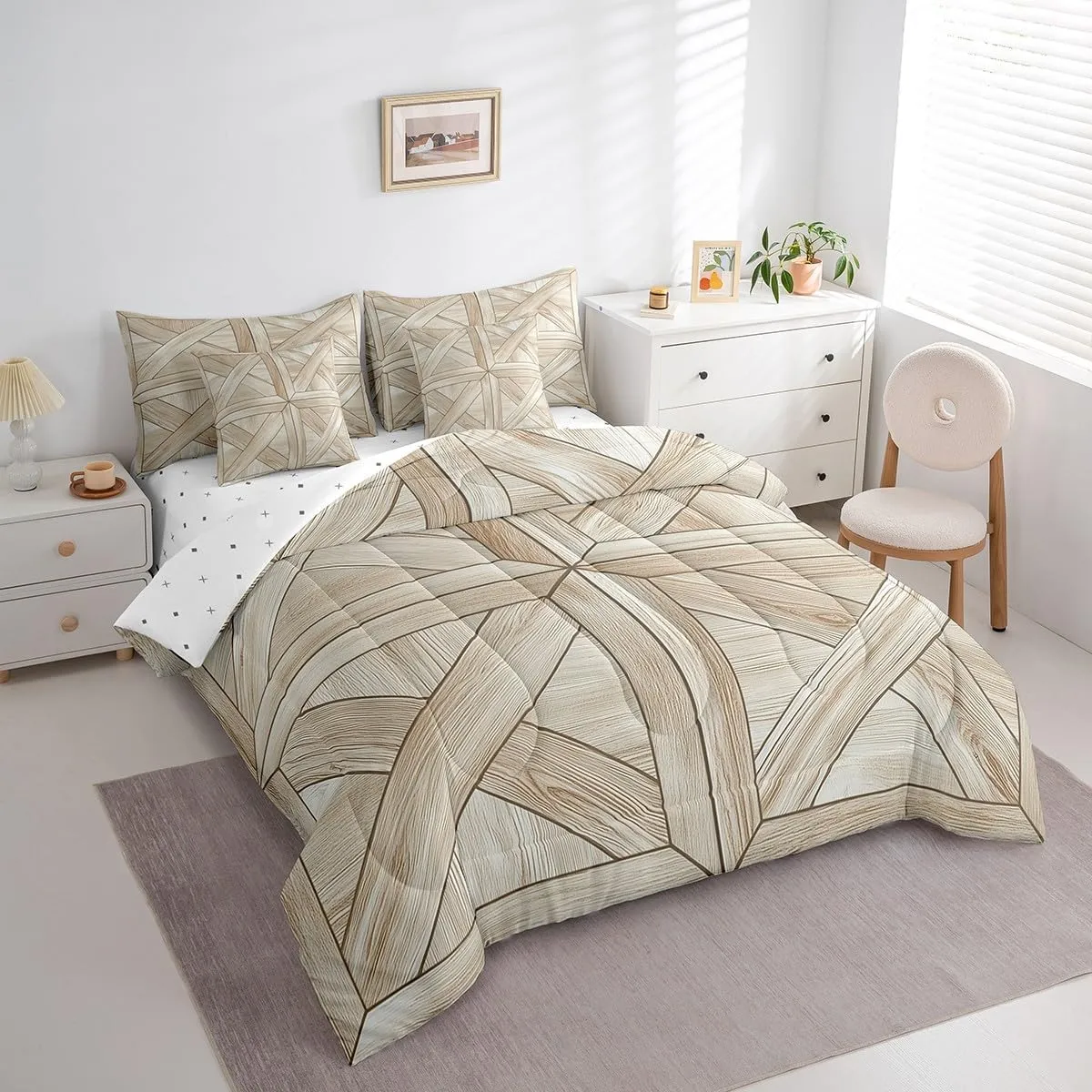 Erosebridal Barn Door Twin Bedding Set 7 Piece Rustic Farmhouse Comforter Set with Sheets Country Planks Bed in A Bag Reversible Wooden Board Bed Set