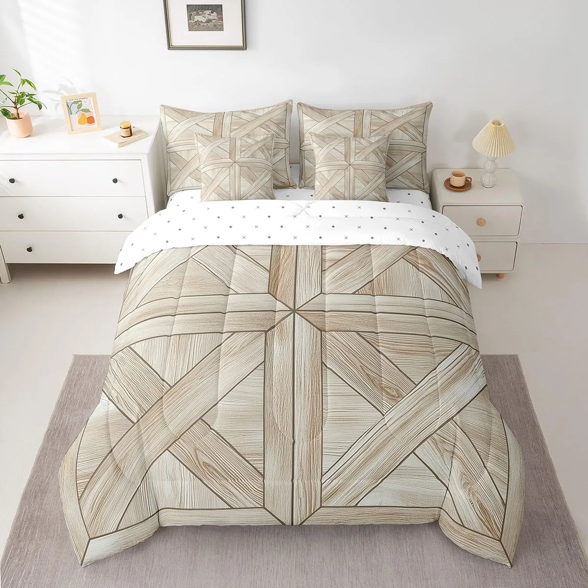 Erosebridal Barn Door Twin Bedding Set 7 Piece Rustic Farmhouse Comforter Set with Sheets Country Planks Bed in A Bag Reversible Wooden Board Bed Set