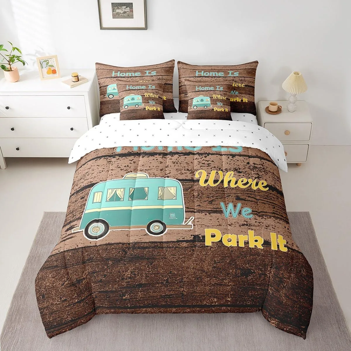 Erosebridal Kids Camper Full Comforter Set 7 Piece Happy Camping Rustic Farmhouse Bed in A Bag Travel Rv Camp Camping Bedding Set for Kids Boys Girls,Brown Vintage Wooden Planks Bed Set