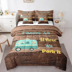 Erosebridal Kids Camper Full Comforter Set 7 Piece Happy Camping Rustic Farmhouse Bed in A Bag Travel Rv Camp Camping Bedding Set for Kids Boys Girls,Brown Vintage Wooden Planks Bed Set